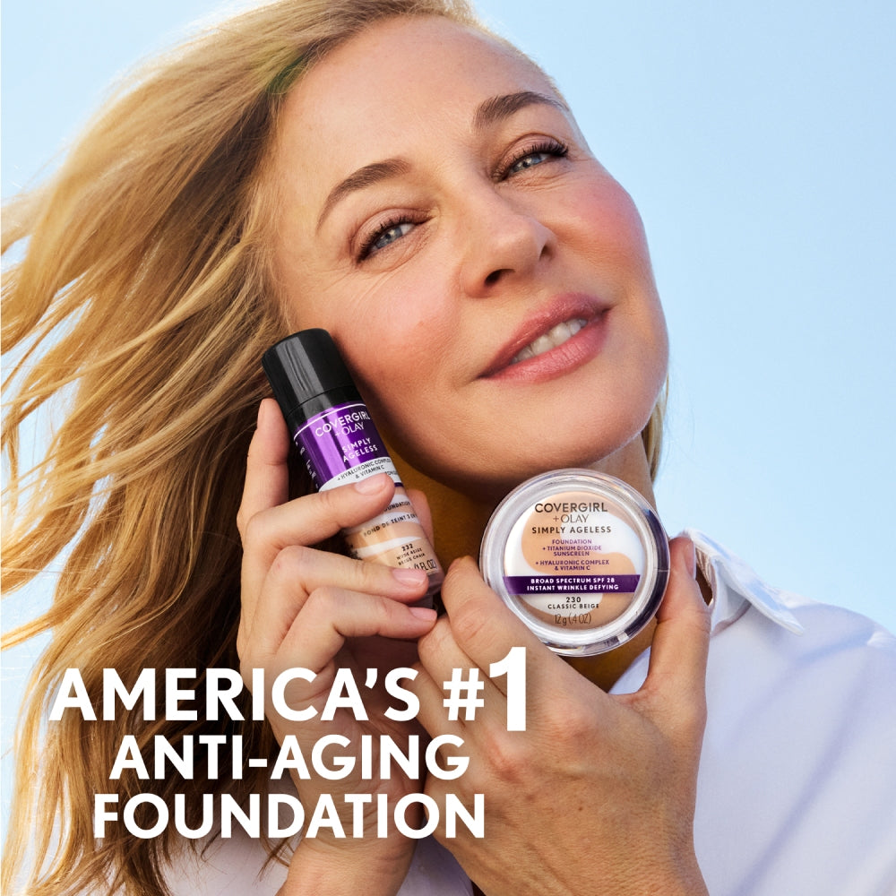 Woman holding CoverGirl Olay Simply Ageless foundation and primer, white text reads America's #1 Anti-Aging Foundation.