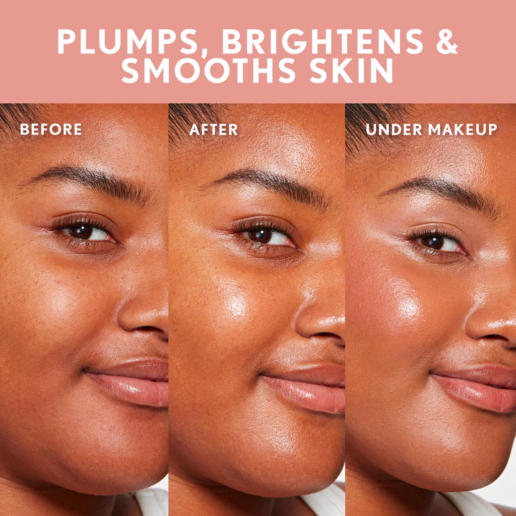 Model showcasing TruBlend Skin Enhancer Primer  before and after application.