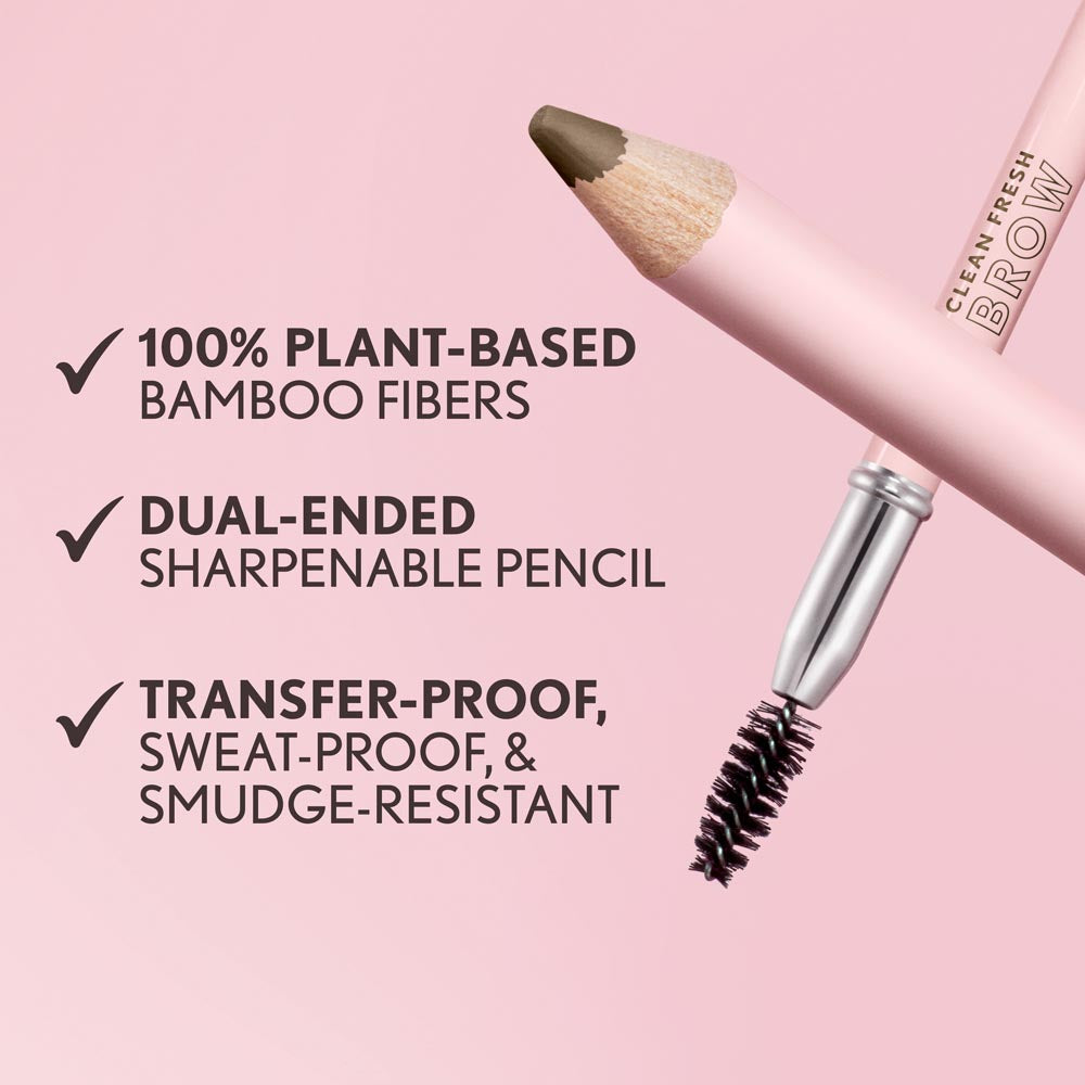 Clean Fresh Brow Volumizer Fiber Powder Pencil. 100% plant-based bamboo fibers. Dual-ended sharpenable pencil. Transfer-proof, sweat-proof, and smudge-resistant.