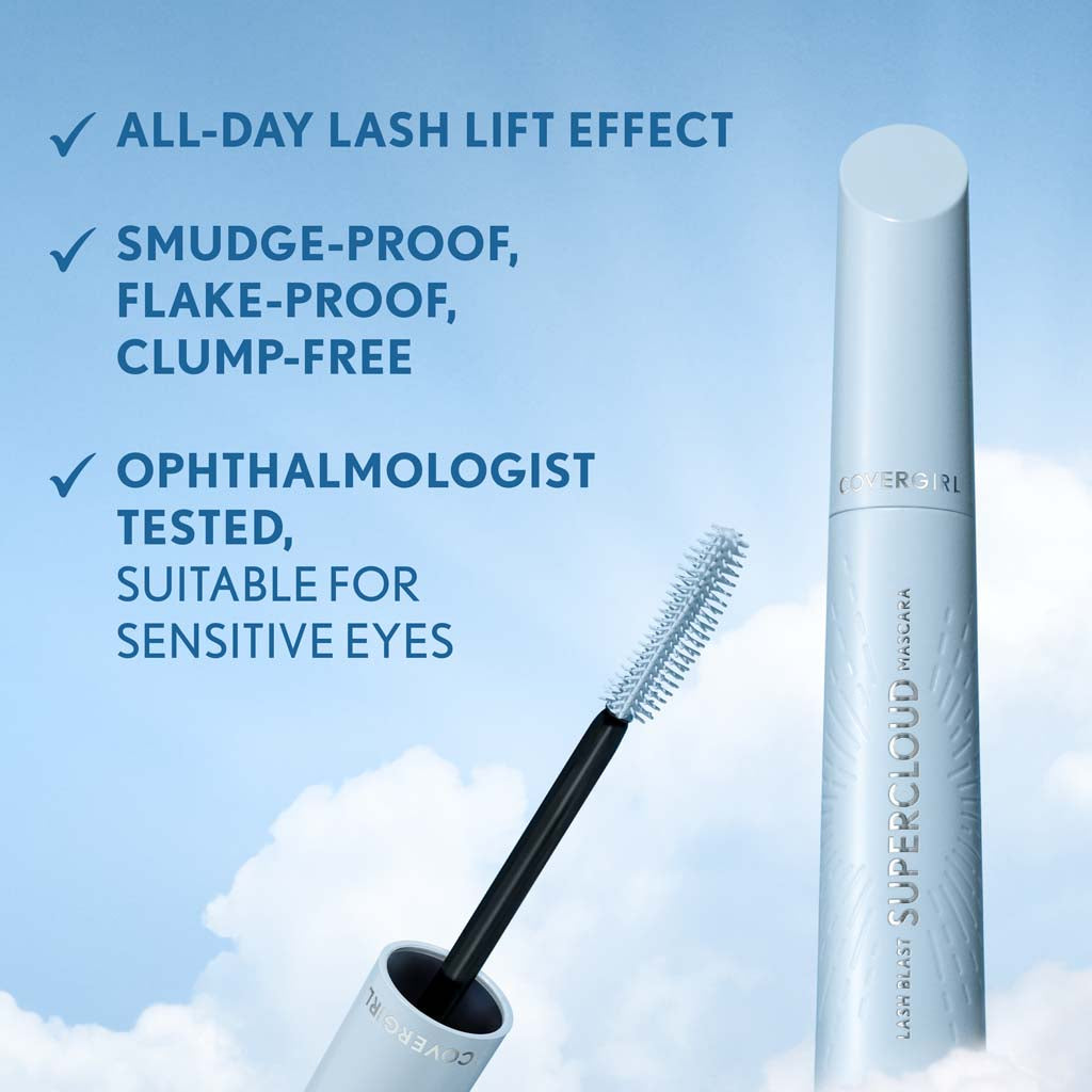 Covergirl Lash Blast Supercloud Mascara with all-day lash lift effect, smudge-proof, flake-proof, and clump-free.