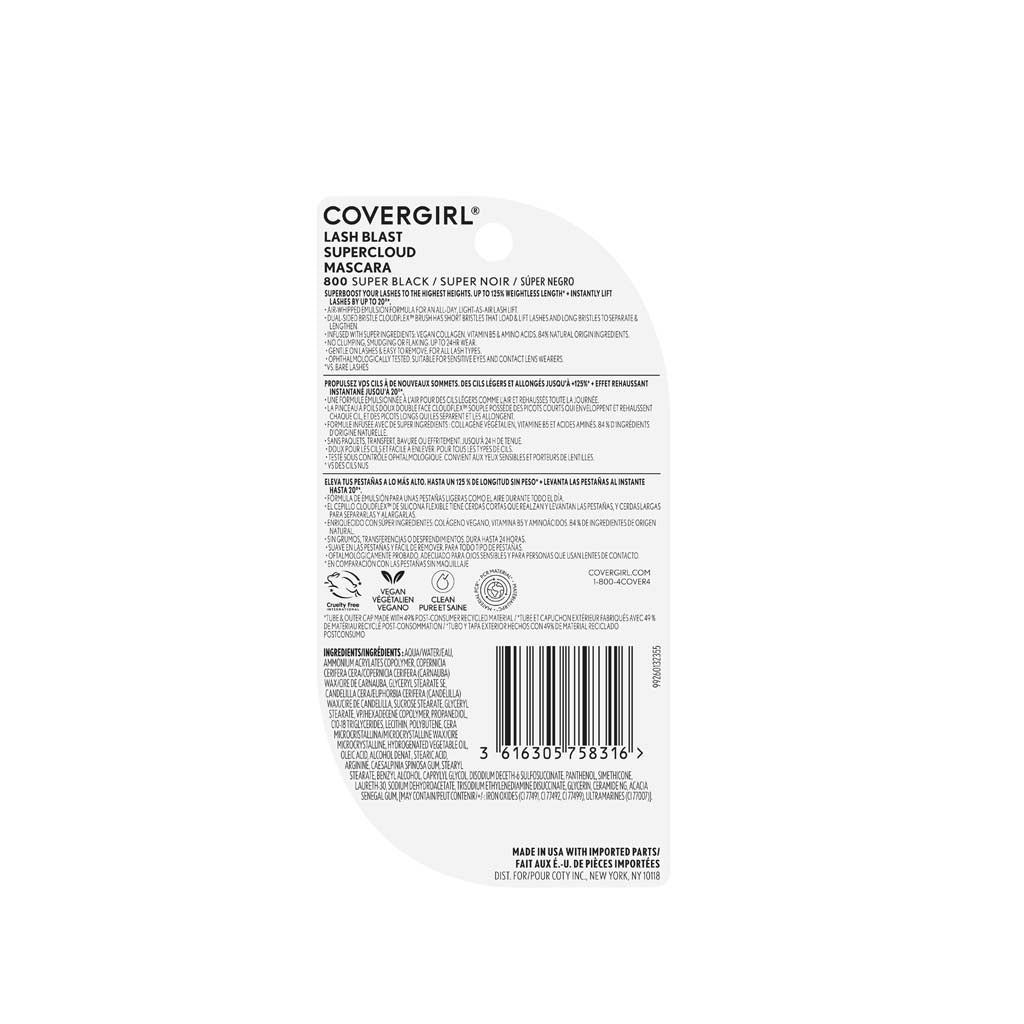 Covergirl Lash Blast Supercloud Mascara back packaging in Super Black
