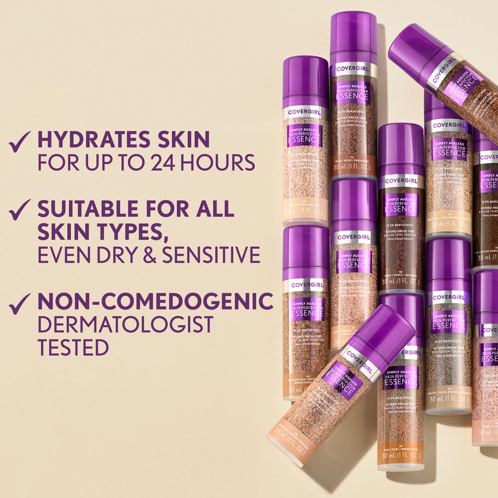 Simply Ageless Skin Perfector Essence benefits: Hydrates skin for up to 24 hours, suitable for all skin types, non-comedogenic.