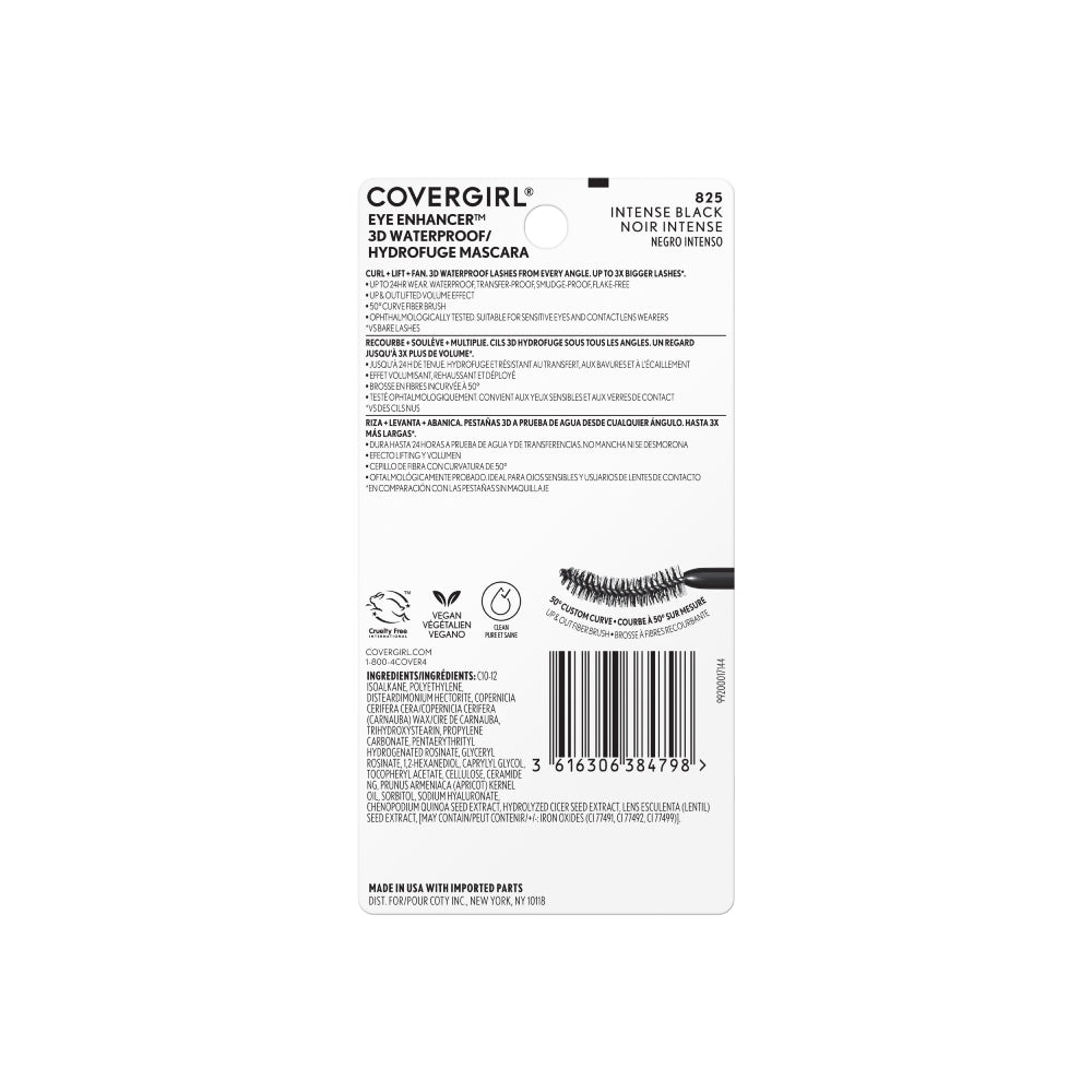 CoverGirl Eye Enhancer 3D Waterproof Mascara in Intense Black, back of packaging.
