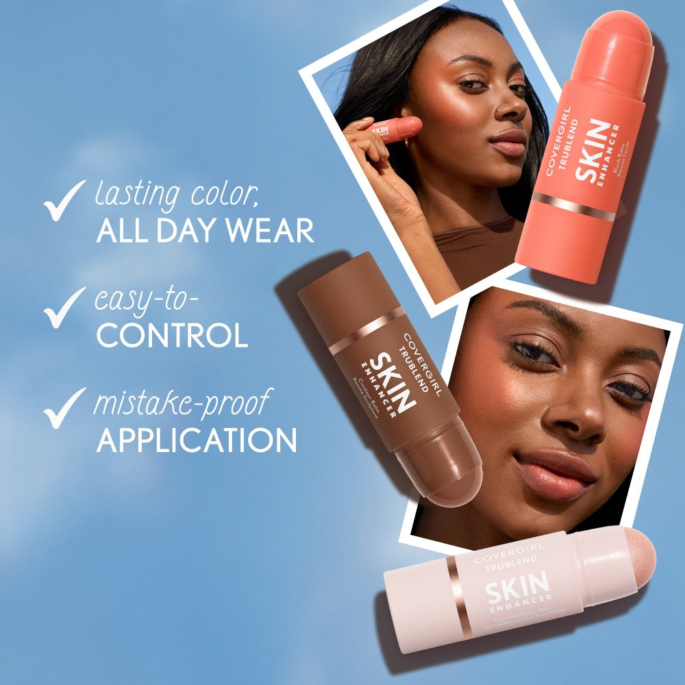 Model holding CoverGirl TruBlend Skin Enhancer Blush Balm with a natural blush look.