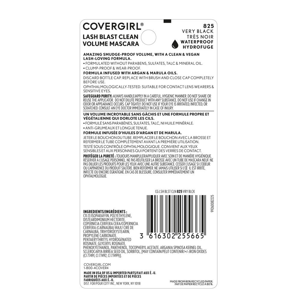 COVERGIRL Lash Blast Clean Waterproof Mascara in Very Black, back packaging with product details