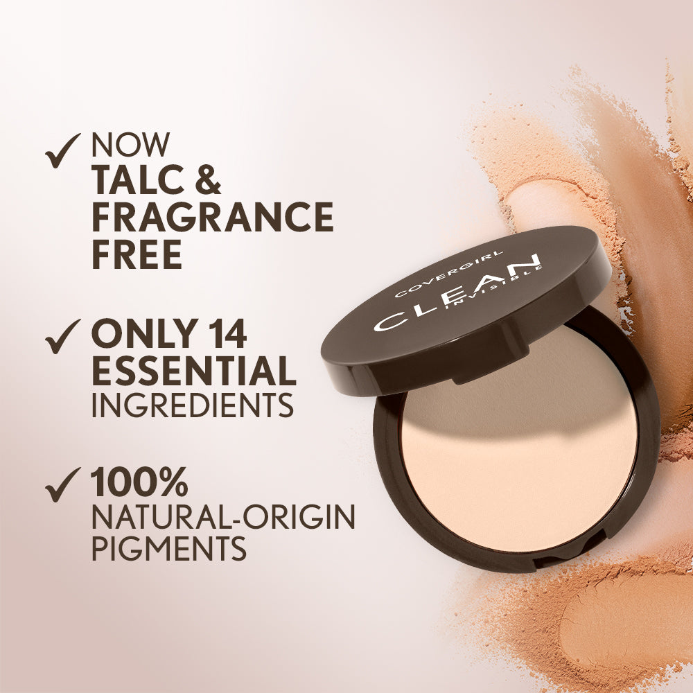 COVERGIRL Clean Invisible Pressed Powder. Now talc and fragrance free. Only 14 essential ingredients. 100% natural-origin pigments.