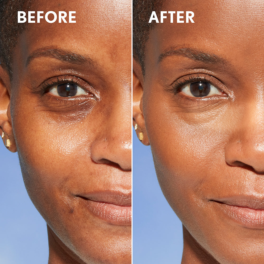 Before and after comparison of model using Covergirl Simply Ageless Triple Action Concealer.