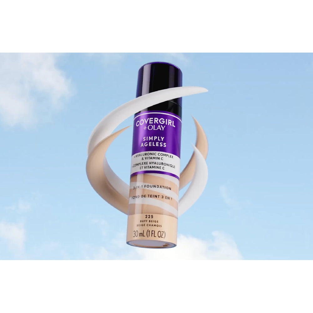 CoverGirl Simply Ageless 3-in-1 foundation bottle against clouds