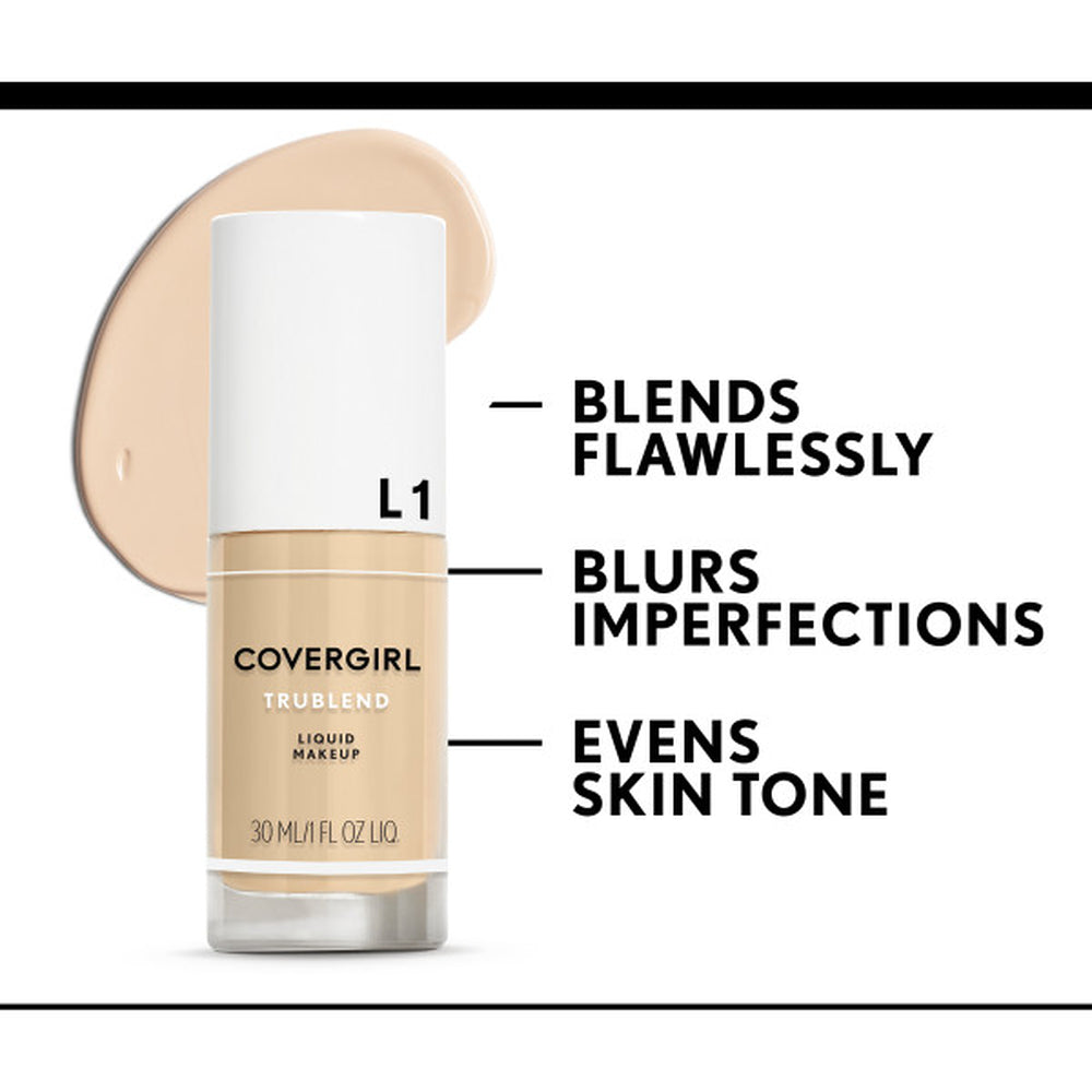 Covergirl TruBlend Liquid Foundation in L1 blends flawlessly, blurs imperfections, and evens skin tone.