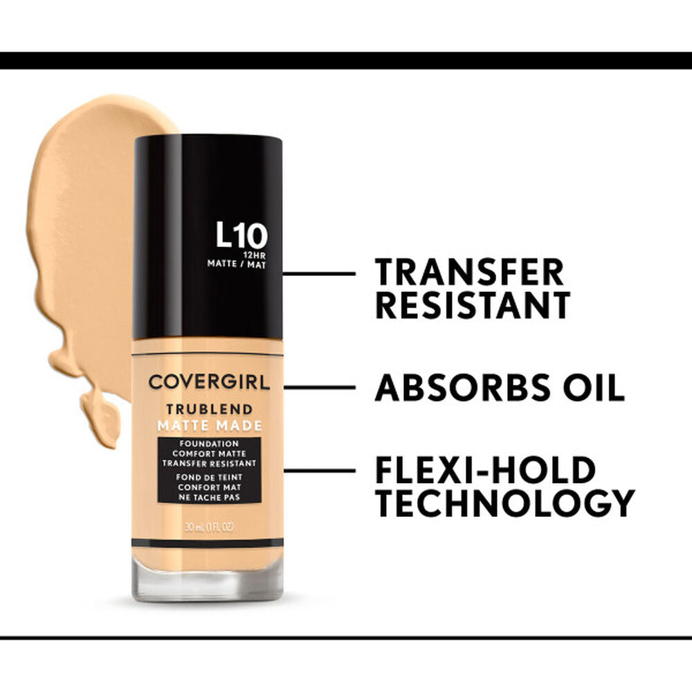 CoverGirl TruBlend Matte Made Liquid Foundation in L10 with transfer-resistant, oil-absorbing, flexi-hold technology.
