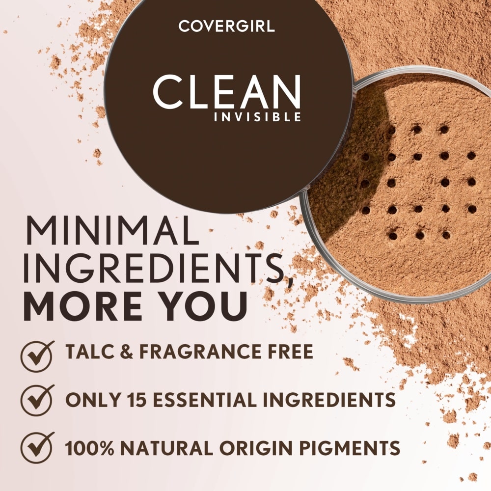 Covergirl Clean Invisible Loose Powder benefits: Minimal ingredients, more you. Talc & fragrance free, only 15 essential ingredients, 100% natural origin pigments.