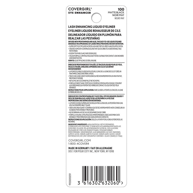 Covergirl Exhibitionist Lash Enhancing Liquid Eyeliner in 100 Matte Black back packaging