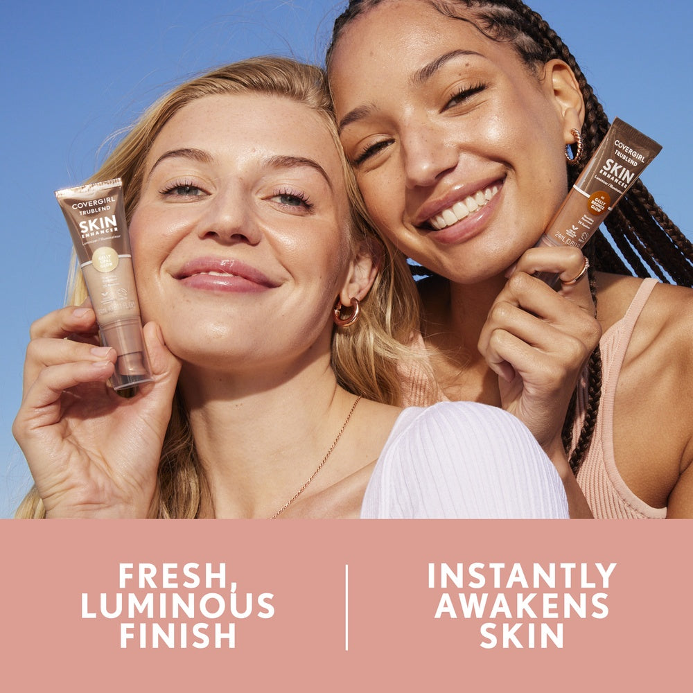 Model showcasing TruBlend Skin Enhancer Primer in 10 Plush Plump for a fresh, luminous finish.