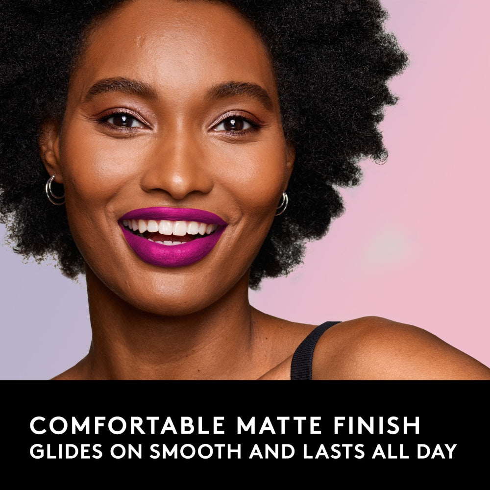 Model with a comfortable matte finish lipstick in shade 600 Stay With Me. Glides on smooth and lasts all day.