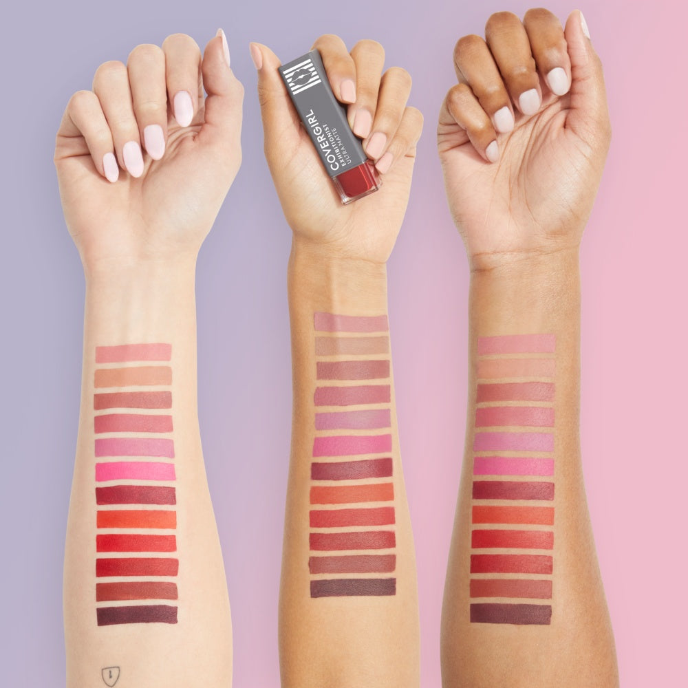 CoverGirl Exhibitionist Ultra Matte Lipstick swatches in various shades from nude to deep red