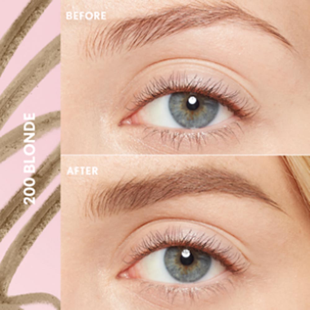 Model's eyebrows before and after using Clean Fresh Brow Volumizer Fiber Powder Pencil in 200 Blonde.